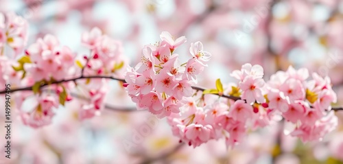 Panorama of delicate pink cherry blossoms in full bloom, soft bokeh background, photo, prunus