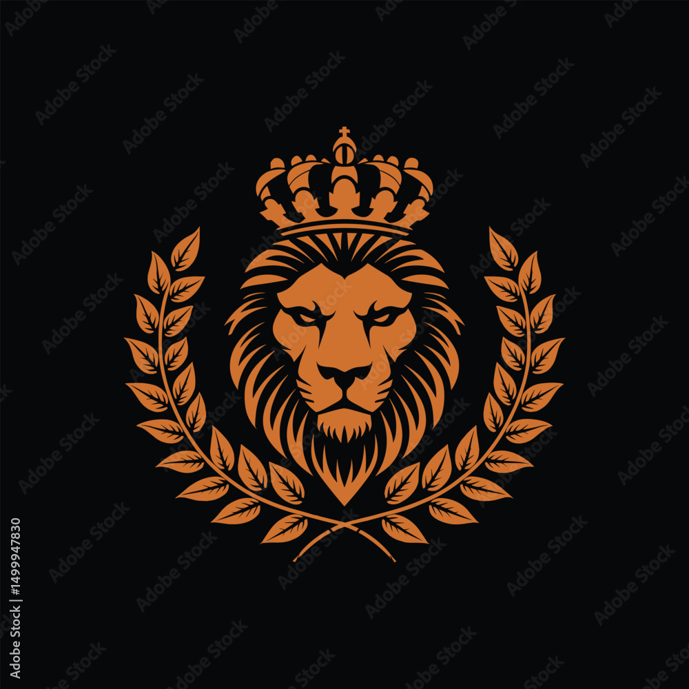 Obraz premium Royal Lion Head Emblem with Crown and Laurel Wreath on Black Background