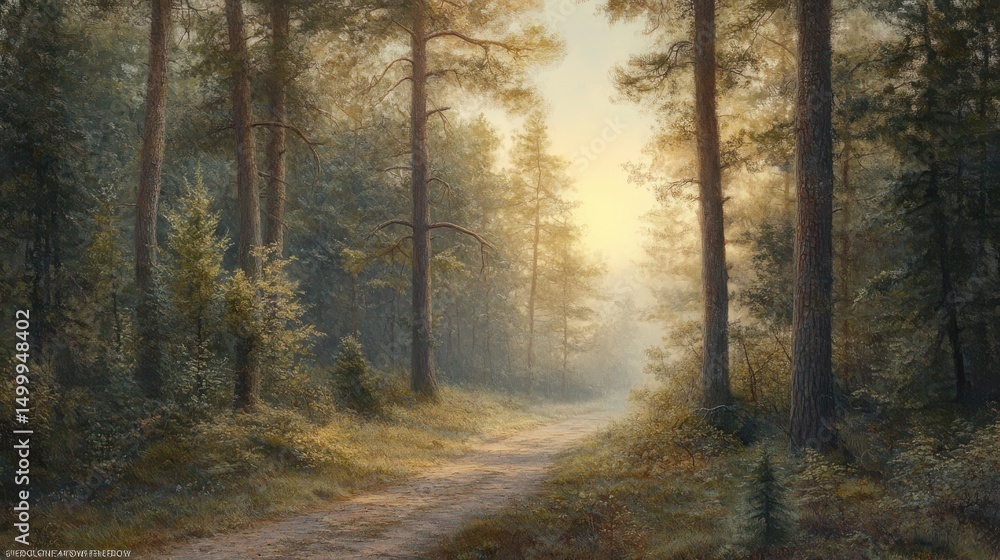Obraz premium Sunlit path through a misty pine forest