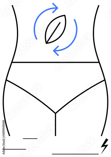 Simplified female torso outline with blue arrows around a central element symbolizing energy, motion, or balance. Ideal for health, wellness, energy, fitness, biology, medical science self-care