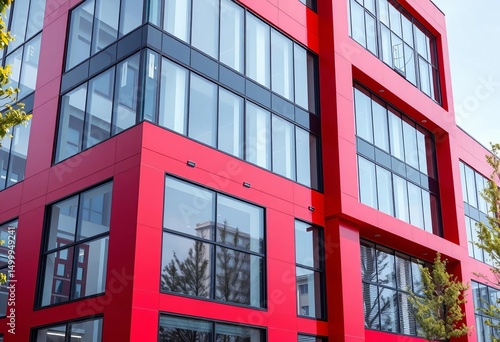 Sleek modern office building clad in red & gray aluminum composite panels, accented by glass wall detail, cityscape, architectural detail