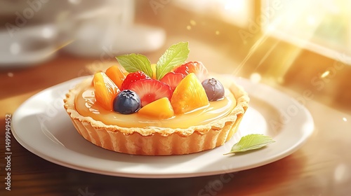 Fruit Tart with Berries and Mango on a White Plate