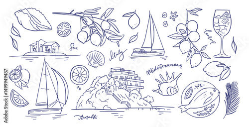 Mediterranean summer vacation elements set in sketch style. Hand drawn vintage ink Italian coast sea or beach print - houses, boats, fish and lemons. Sea weekend or rest collection. Elegant vector