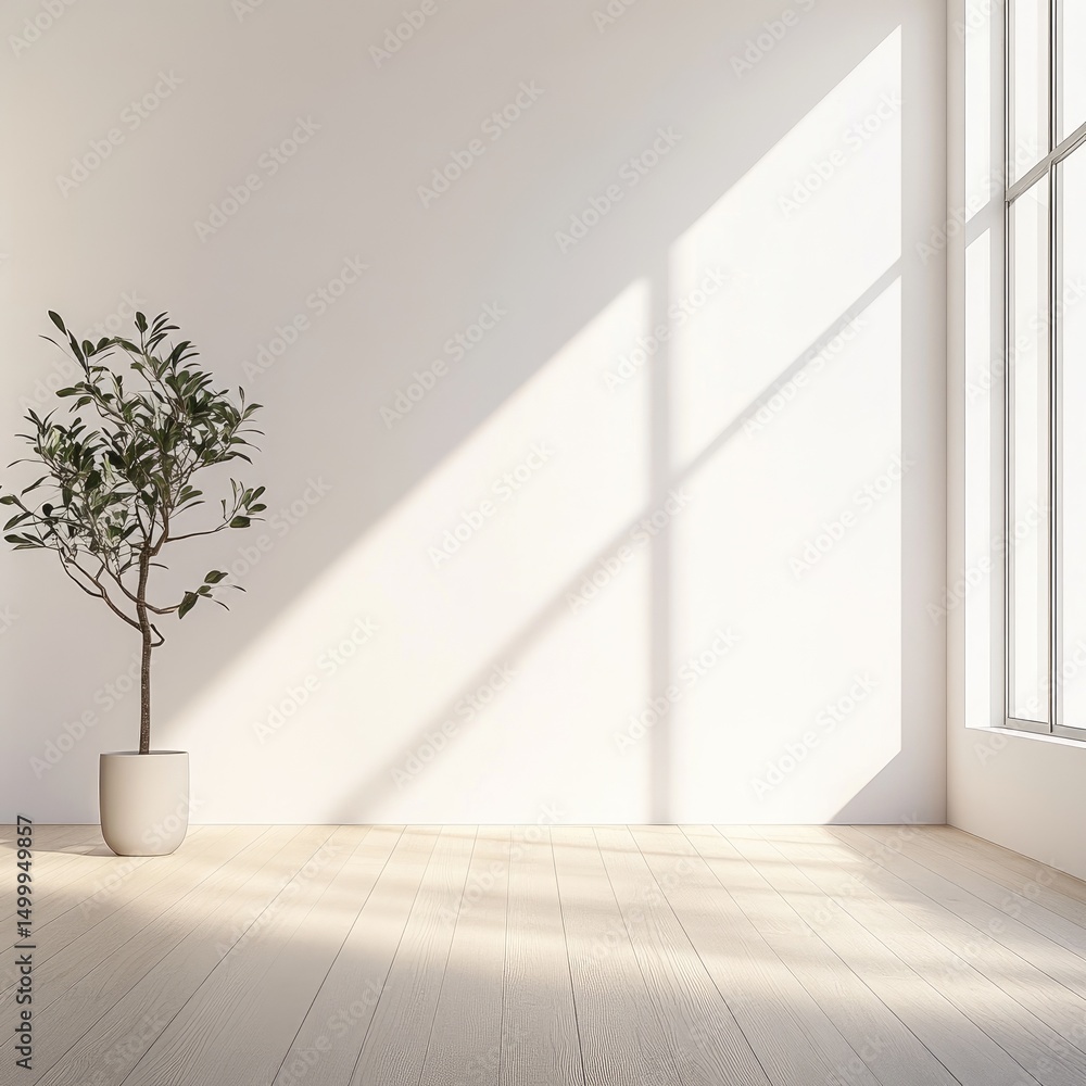 Simple, sunlit room with potted plant Simple, sunlit room with potted plant