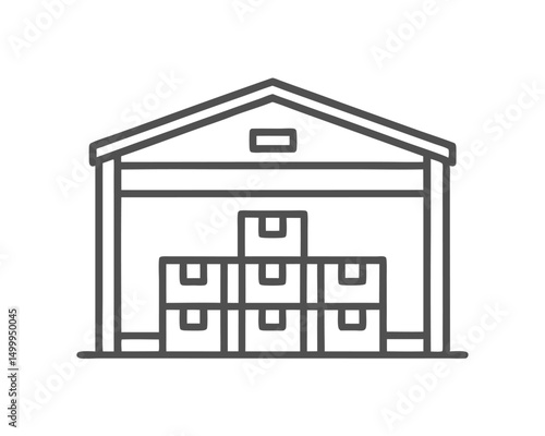 A minimalist line drawing of a warehouse with stacked boxes at its entrance.