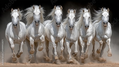 Seven white horses gallop together on a dark background, creating a dynamic and powerful scene