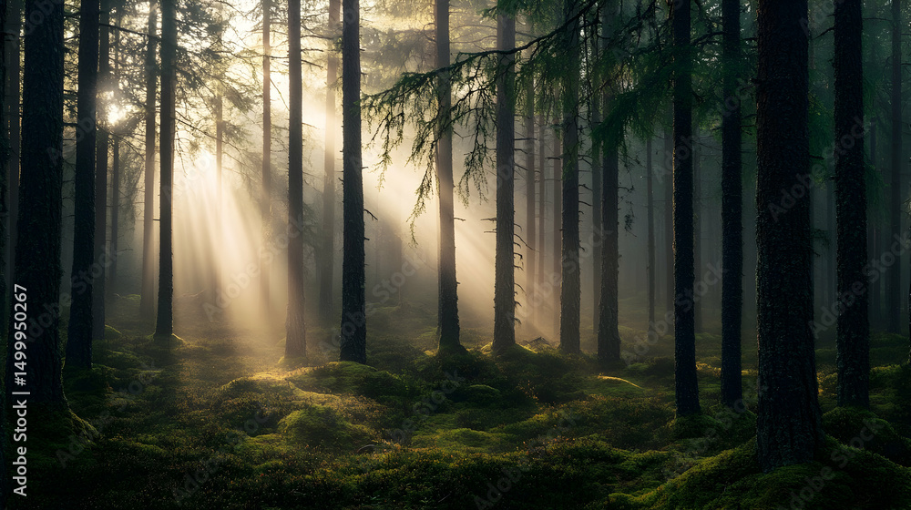 Naklejka premium Sunlight filtering through misty forest: enchanting woods scene