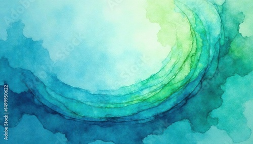 Pastel blue, navy, green whirl; geometric shapes layered, abstract watercolor texture , design, serene, fluid