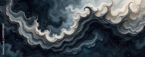 Silver, black fractal watercolor swirls, dark intensity radial flow , ethereal, shadows