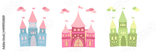 Vector collection of fantasy castles. Adorable cartoon-style palace towers and gate for children’s designs.