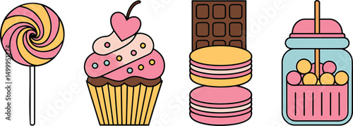 Colorful vector illustration featuring various sweets and desserts perfect for bakery shops