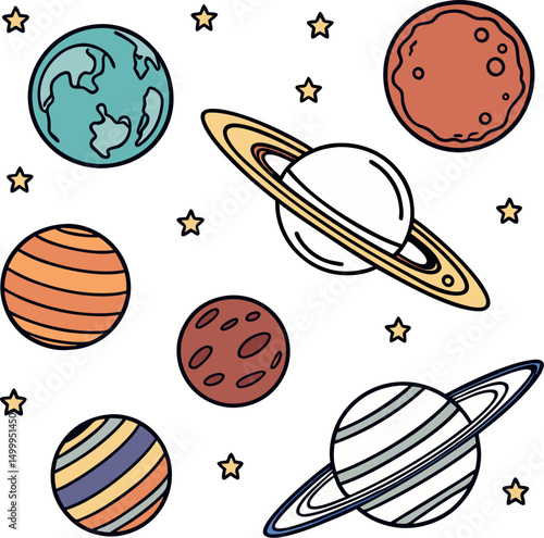 Colorful space icons featuring playful planets engaged in a lively space rocket, perfect  illustration