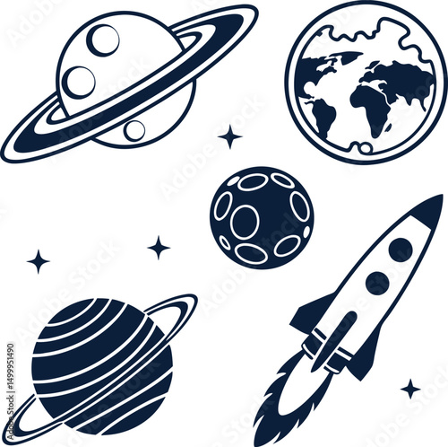 Space rocket launch illustration: A dynamic cartoon set of space travel icons, perfect for global transport and flight designs