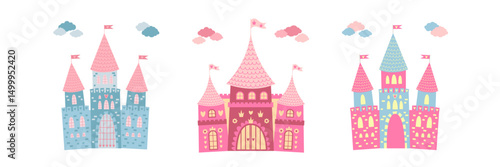 Set of fairy tale castle towers. Cute princess palace vector illustration on white background.