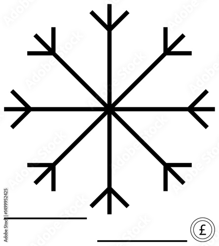Black snowflake with symmetrical branches, horizontal lines, and a currency symbol at the bottom. Ideal for finance, winter, minimalism, decoration, economics branding and simplicity. Flat simple