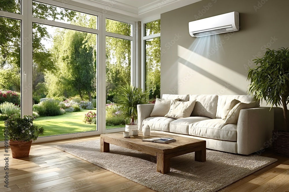 Fototapeta premium Air conditioner cooling modern living room with garden view