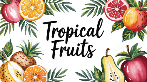 Watercolor illustration of assorted tropical fruits with handwritten tropical fruits text