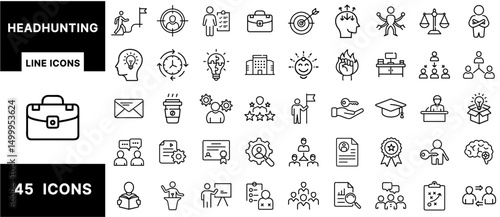 Headhunting Line Icons Set – Recruitment, Hiring, Job Search, Candidate Evaluation, Human Resources, Talent Acquisition, Interview, Teamwork, Career Icons