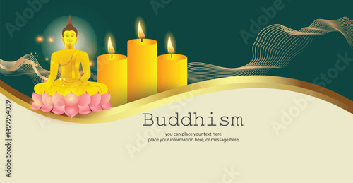 Buddha sitting on a lotus and candle vector illustration background - Buddhism Magha Puja, Asanha Puja, Vesak Puja Day, Thailand culture