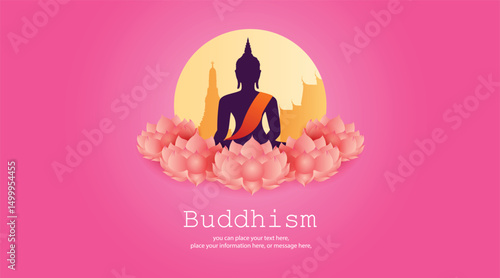Shadow buddha sitting on a lotus for social media posts on pink vector illustration background - Buddhism Magha Puja, Asanha Puja, Vesak Puja Day, Thailand culture