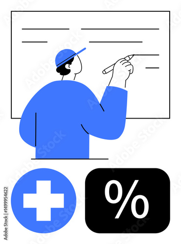 Man writing on a whiteboard with a marker, wearing a blue cap. Below, percentage and medical plus icons. Ideal for education, healthcare, planning, analysis calculation teaching strategy. Flat