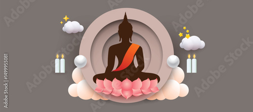 Shadow buddha sitting on a lotus for social media posts 3D Mesh and Gradient vector illustration background - Buddhism Magha Puja, Asanha Puja, Vesak Puja Day, Thailand culture