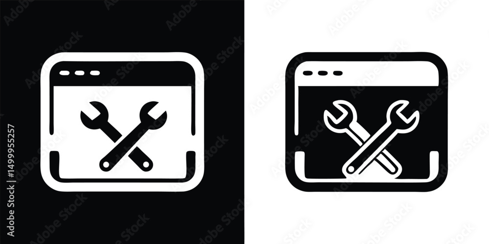 black and white icons,minimalist design,simple tools,wrench and screwdriver symbol,window frame,stylized flat design black and white icons,minimalist design,simple tools,wrench and screwdriver symbol,window frame,stylized flat design