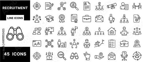 Recruitment Line Icons Set – Job Search, Hiring, Talent Acquisition, Resume Review, Interview, Candidate Evaluation, Remote Work, Career, HR Icons Pack
