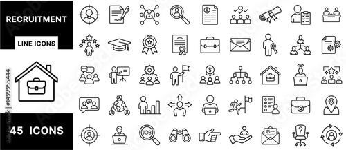 Recruitment Line Icons Set – Job Search, Hiring, Talent Acquisition, Resume Review, Interview, Candidate Evaluation, Remote Work, Career, HR Icons Pack