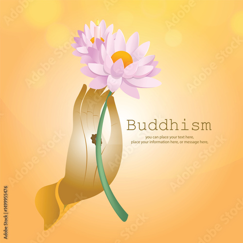Hand holding lotus flower for social media posts on yellow vector illustration background - Buddhism Magha Puja, Asanha Puja, Vesak Puja Day, Thailand culture