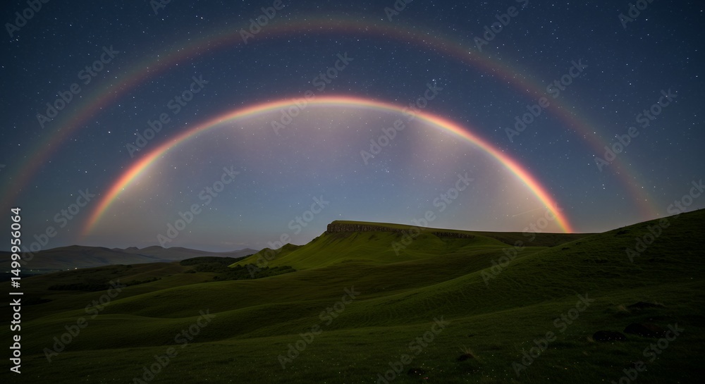 Obraz premium Double Rainbow Over Green Hills at Night