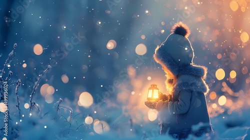 Magical winter scene, A child with a lantern in a snowy forest.  Evokes wonder, hope, and the spirit of the holidays.
