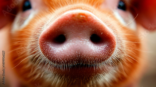A close up shot of a pig's snout with visible nostrils and fine hairs around the nose area of the animal