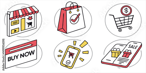 Vector illustration of online shop, shopping bag, shopping cart, buy now page and mobile app circle icons set