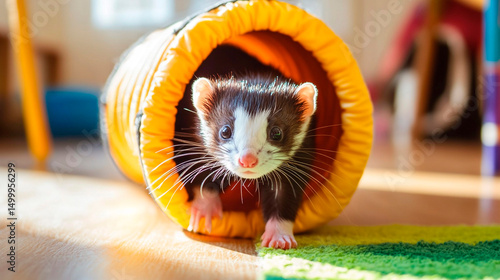A ferret peeking out of a yellow tunnel with a green mat and a blurred background in a bright setting