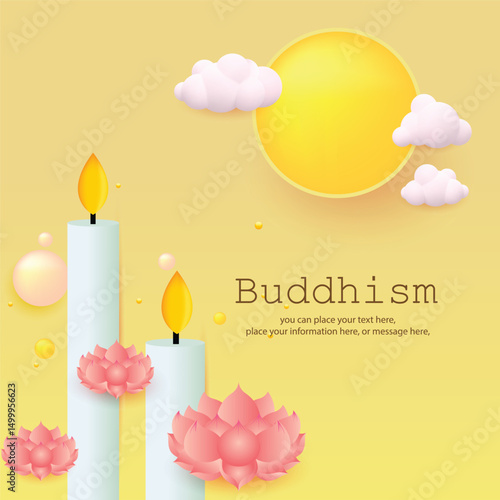 Candles for buddhist lent for social media posts on yellow vector illustration background - Buddhism Magha Puja, Asanha Puja, Vesak Puja Day, Thailand culture