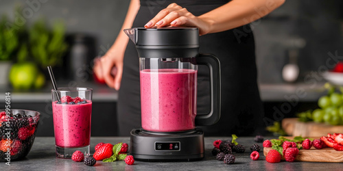Woman blending fresh berry smoothie in modern kitchen with healthy ingredients