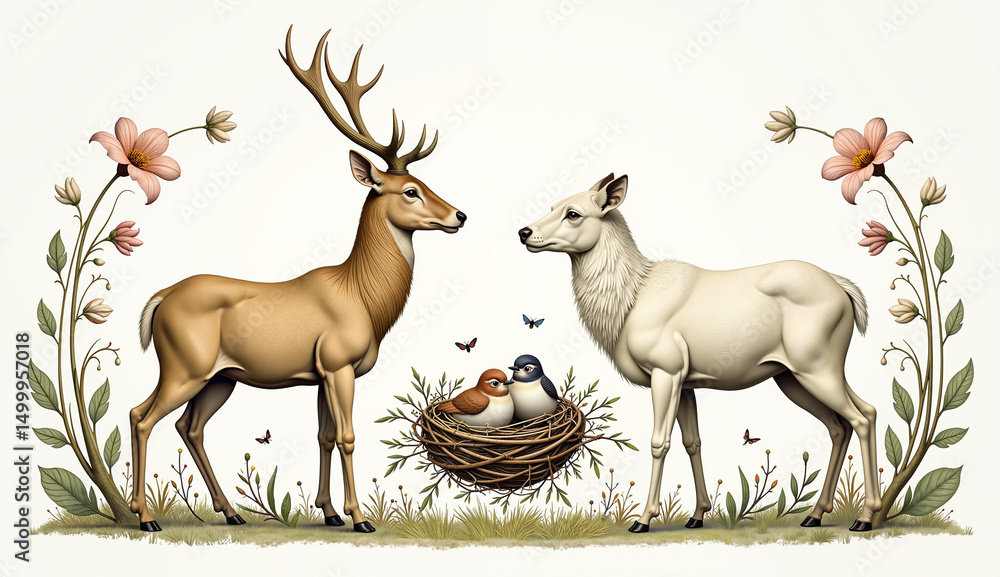 Fototapeta premium Female and male deer stand near a nest with chicks against the background of nature