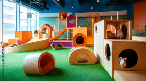 Guinea pigs in a colorful playground with tunnels and a slide in a bright and playful setting indoors