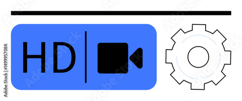 Blue HD video symbol with camera graphic and white outlined gear. Ideal for technology, media, settings, video quality, user interface, streaming, and simple landing page