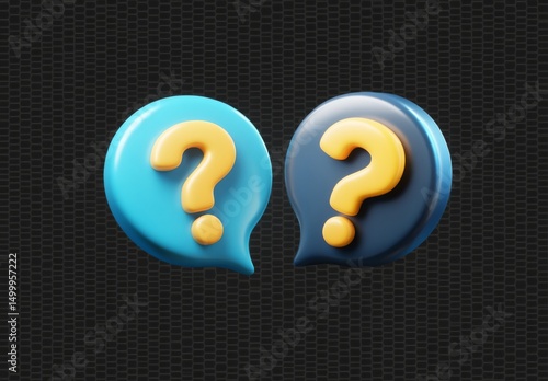 3D isometric icon of two speech bubbles with a question mark, one yellow and one blue