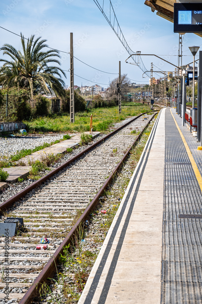 Fototapeta premium Empty Railway Platform with Cityscape View