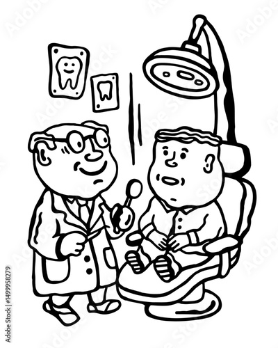 Black and white vector illustration of a dental treatment session in a dentist's office on a white isolated background.A guy in a dentist's chair.