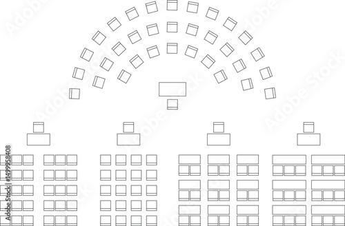 Seat plan for arranging seats with semicircle, classroom, auditorium, theater, lecture hall, meeting, conference, business event, map, scheme chairs, customizable stroke, vector, illustration