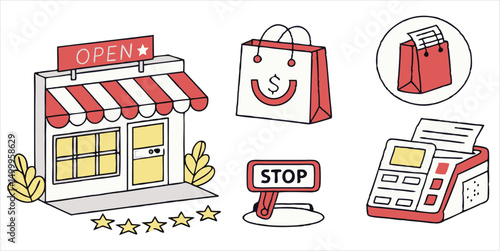 Doodle style vector illustration of shop front, shopping bags, open sign, stop sign and pos machine
