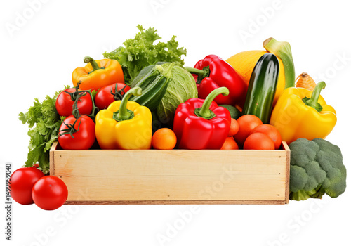 Fresh colorful vegetables in wooden crate isolated on a white background, Png Transparent Background