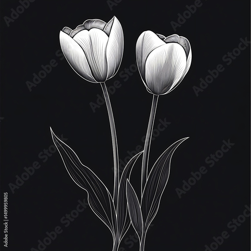 Elegant black and white illustration of two tulips with detailed petals and leaves, showcasing minimalist design that evokes sense of beauty and simplicity