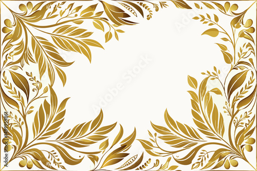Vector Golden Floral Line Frame, Luxury Leaves Plant Border. Wedding Elegant Card, Nature Royal Garden Drawing. Vintage Blossom Decor.