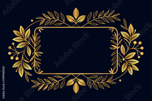 Vector Golden Floral Line Frame, Luxury Leaves Plant Border. Wedding Elegant Card, Nature Royal Garden Drawing. Vintage Blossom Decor.