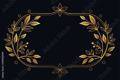Vector Golden Floral Line Frame, Luxury Leaves Plant Border. Wedding Elegant Card, Nature Royal Garden Drawing. Vintage Blossom Decor.